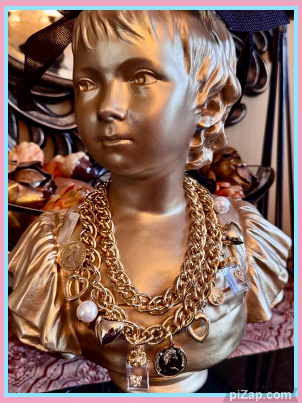 💛Vintage Gold-Tone Mixed Charm Chain Belt with Pearls, Hearts, Coins - Rare